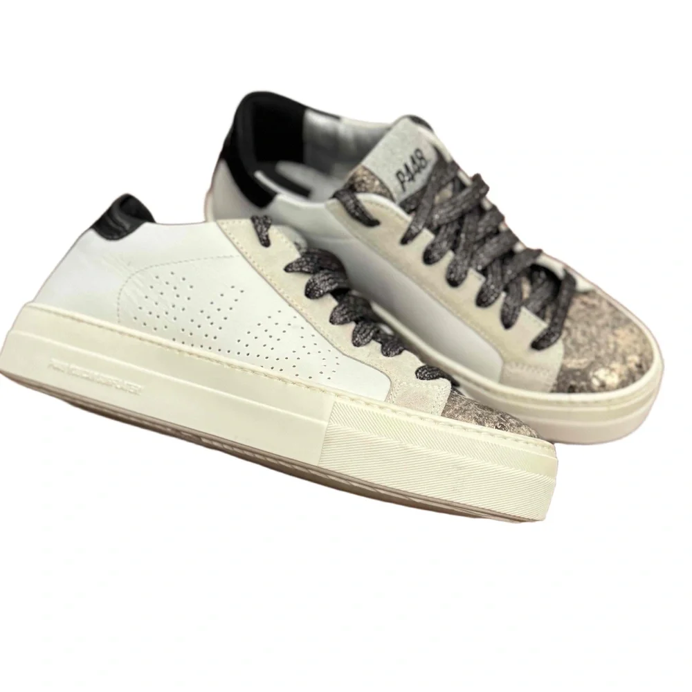 P448 Thea Platform Sneakers White Metallic Leather and Suede Size 37‎